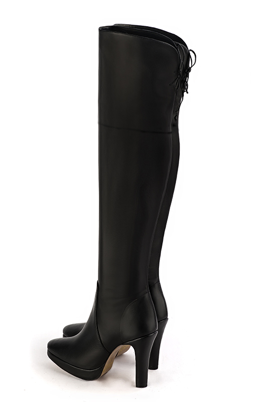 Satin black women's leather thigh-high boots. Round toe. Very high slim heel with a platform at the front. Made to measure. Rear view - Florence KOOIJMAN